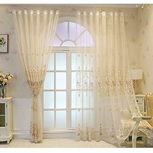 Amidoudou 1 Pair European Embroidered Tulle Curtains for Living Room Bedroom Luxury Translucent Curtain (Beige,51x102 Inch) - color: Beige, size: 51"W x 102"L (Pack of 2)
