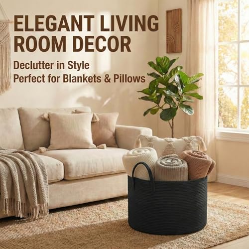 JMvicyroam 65L Extra Large Machine Washable Cotton Rope Blanket Basket - color: Black, size: 65L