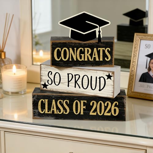 2026 Graduation Table Decorations Class of 2026 Senior Tiered Tray Decor Wooden Cap Block Signs Farmhouse Congrats Grad Tabletop Party Centerpiece for Tables Wooden Sign for Home Decor - style: Cap