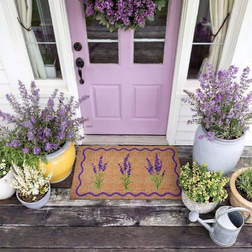 Dunzy Lavender Door Mat Outdoor Purple Floral Rug with Rubber Backing - style: Lavender