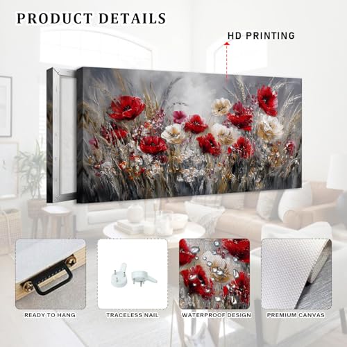 Beige Red Poppy Wall Art Farmhouse Floral Wall Decor for Bedroom Vintage Abstract Wildflower Painting Botanical Reed Poster Bathroom Nature Texture Artwork Living Room Office Kitchen Decoration 20x40" - color: Poppy, size: 40"L x 20"W