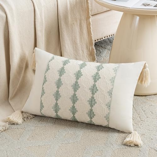 Fancy Homi Set of 2 Sage Green Boho Lumbar Decorative Throw Pillow Covers 12x20 Inch for Living Room Bedroom Couch Bed Chair, Rustic Retro Cushion Case with Tassels, Bohemian Farmhouse Room Home Decor - color: Sage Green, size: 20" x 12" (Pack of 2)