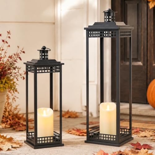 Large Lanterns Decorative Indoor, 2 Pcs Black Floor Lanterns with Candles - size: 23in and 17in