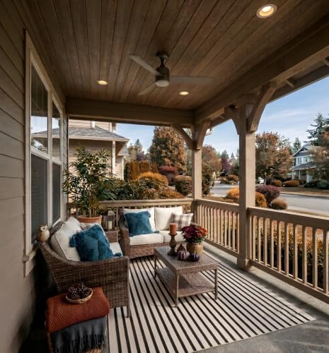 LEEVAN Striped Outdoor Rug 5x8 Large Neutral Porch Rug for Under Door Mat - color: Black and Cream, size: 5' x 8' (Rectangular)