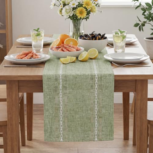 Artoid Mode Sage Green Embroidered Blend Farmhouse Hollow Table Runner, Seasonal Spring Rustic Kitchen Dining Table Decoration for Home Party Decor 13x48 Inch - color: Sage Green, size: 13" x 48", Table Runner