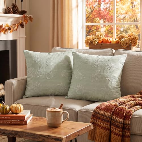 AVOIN colorlife Sage Green Jacquard Decorative Throw Pillow Covers Set of 2, 18 x 18 Inch Laurel Leaves Woven Textured Cushion Case Home Decor for Couch Sofa Bed - color: Sage Green