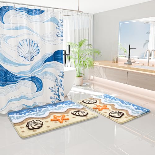 QJHOMO Beach Themed Bathroom Rug Beach Colorful Nautical Bath Mat 24x36 in - color: Blue Landscape, size: 2' x 3' (Rectangular)