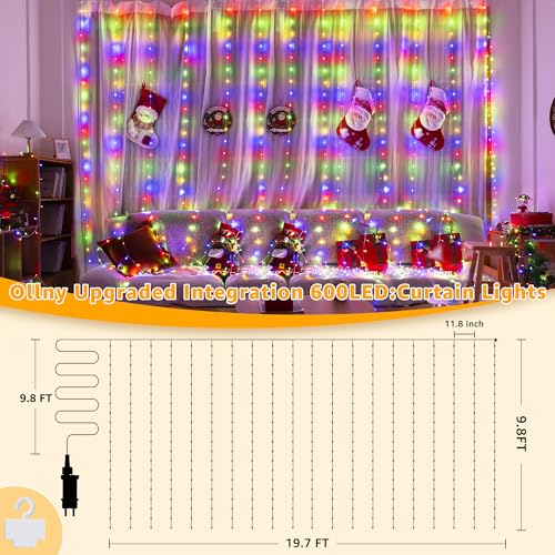Ollny Curtain Lights 600LED 19.7ft x 9.8ft, IP67 Waterproof (Multicolored) - color: Multicolored, size: 19.7ft