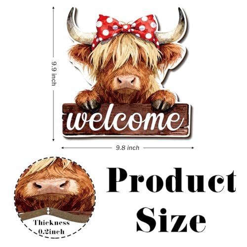 Farmhouse Wall Decor, Highland Cow Welcome Sign with Red Bow, Rustic Wood Hanging Plaque, Watercolor Oil Painting Style Farm Animal Wall Art for Country Porch Kitchen or Entry, 9.8x9.6 Inches - color: Farm 05