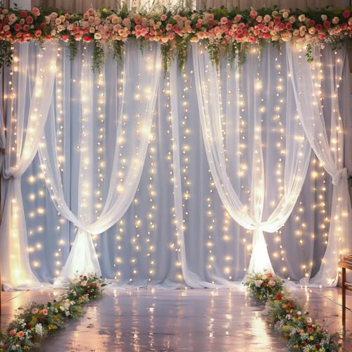 10FT x 7FT White Sheer Curtains with Lights String Tulle Curtain for Living Room Bedroom Parites Wedding Birthday Decorations 2 Panels 60" Wx84 L - color: White, size: 60"W x 84"L (Pack of 2)