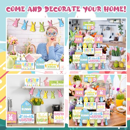 Amyhill 30 Pcs Easter Tiered Tray Decor Spring Easter Decorations Pastel Bunny Egg Farmhouse Wooden Signs Tiered Tray Decor for Home Kitchen Coffee Bar Table Shelf - style: Rustic Easter