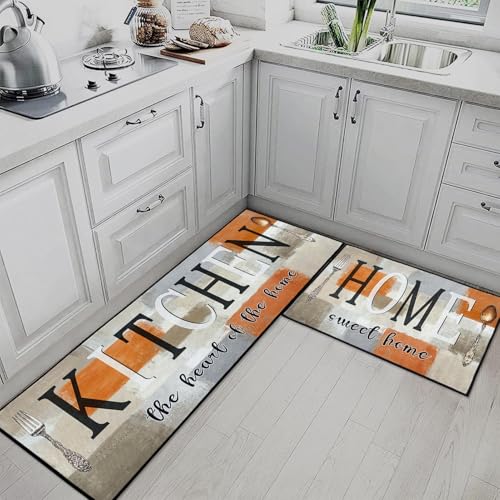 Kitchen Rugs Set of 2 Non Slip WashableVintage Abstract - color: Orange Beige