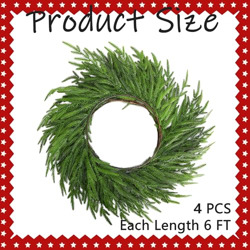 4 Pcs Christmas Norfolk Pine Garland, 6 Ft Dense Norfolk Pine Garland, Artificial Pines Greenery Garlands for Christmas Holiday Mantle Fireplace Table Home Decor - size: 4 Pcs