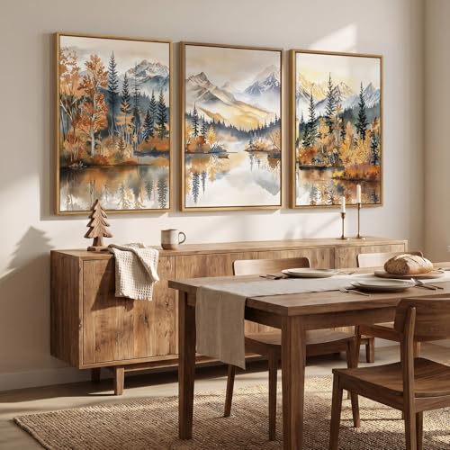 Framed Mountain Forest Landscape Wall Art for Living Room, 3 Piece, 24x36 - color: Brown Blue White, size: 24" W x 36" H x 3Pcs