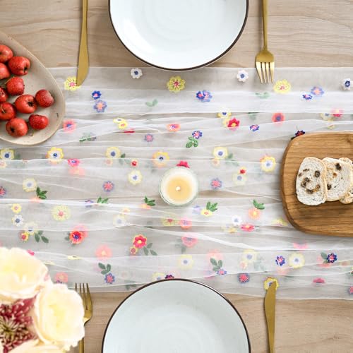Artoid Mode 3PCS Embroidery Daisy Gauze Table Runner 120 Inch 10FT - color: Ivory, size: 28" x 120", 3pc