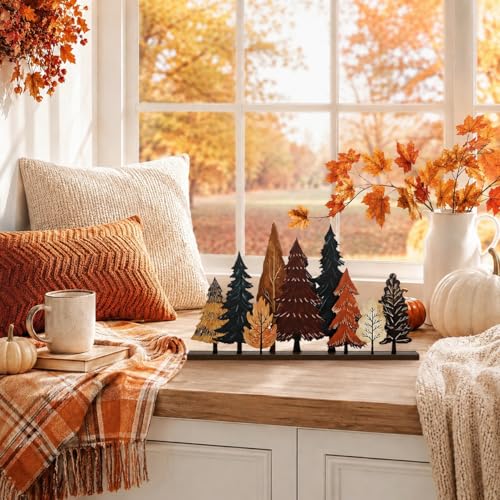 Smile Fall Thanksgiving Wooden Standing Decor, Autumn Forest Maple Pine Tree Tiered Tray Signs with Stands for Rustic Farmhouse Home Kitchen Shelf Decor - style: Fall Tree