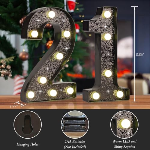 Black Glitter LED Marquee Number 21, Warm White Light Decor Sign - size: Number-21