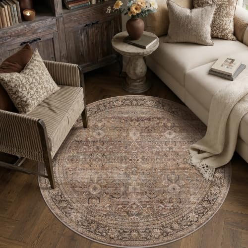 Schweek 4ft Round Rug Brown Washable Non-Slip Circle Rugs Neutral Area Rug - color: Brown, size: 4' (Round)