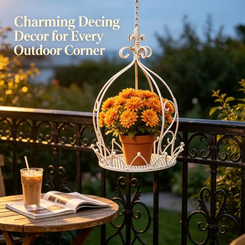 Outdoor Hanging Planter Basket, Iron Metal Planter for Patio Plants Decor - color: White Basket