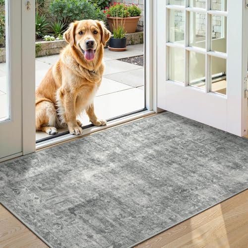 Washable Non-Slip Pet Feeding Mat 16x24, Also a Small Area Rug or Door Mat - color: Distressed Silver Grey and Ivory, size: 1'4" x 2' (Rectangular)