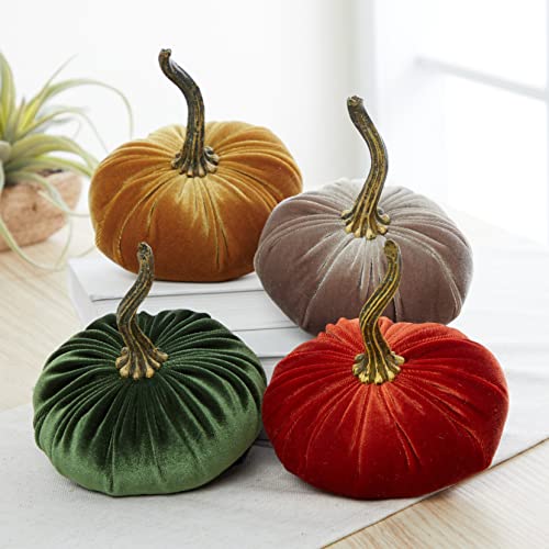Set of 4 Small Velvet Pumpkins (Sm Rust Gold Olive Taupe) - color: Sm Rust Gold Olive Taupe