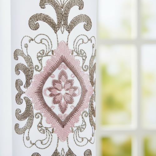 J&V TEXTILES Embroidered Curtain Set, 2 Panel Drapes with Backing & Valance, Medallion Pattern (Pink) - color: Pink