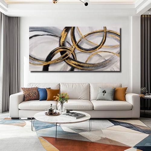 SOUGUAN Living Room Decor for Wall Abstract Wall Art 30x60in Black and Gold Wall Art Round Ring Wall Decoration for Bedroom Dining Room Home Office Ready to Hang - color: Gold, size: 58"L x 29"W