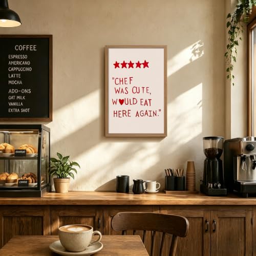 Funny Kitchen Wall Art 5 Star Review Quote Canvas Print Chef Was Cute Would Eat Here Again Red Text Wall Decor for Cafe Bistro Kitchen Dining Room Framed 16x24 inch - color: chef, size: 24"L x 16"W