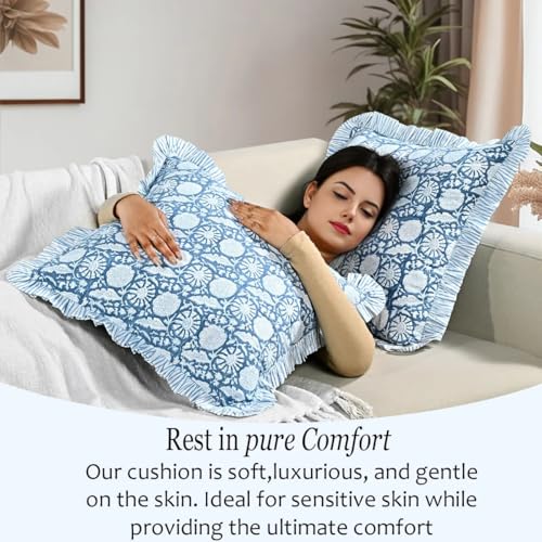 CPC Blue Meadow Block Print Ruffle Pillow Cover 18x18 Inch, Pack of 2 - color: Blue Meadow, size: 18" x 18" (Pack of 2)