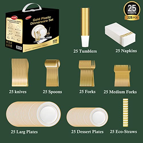 Neatiffy 225 Pcs Gold Rim Plastic Dinnerware Set (25 Guest) | 25 x (Dinner Plate, Dessert Plate, Gold Plastic Silverware, Cup, Napkin, Straw) | For Wedding, Luxurious Party, Special Event - color: Gold