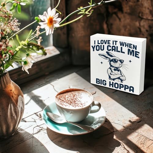 Funny Easter Wooden Signs - Easter Bunny Bow Decor, Easter Decorations, Big Hoppa Easter Bunny Wooden Box Sign for Home Shelf Desk Table 5x5 Inch - color: Hoppa