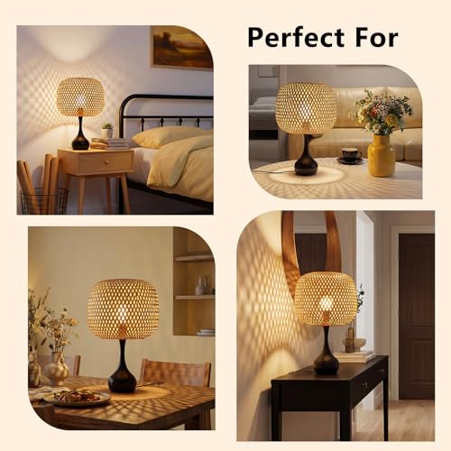 ONEWISH Touch Bedside Lamp for Bedroom, 3-Way Dimmable Table Lamps for Nightstand, Handwoven Bamboo Shade Desk Lamp for Living Room, Home Office - color: Natural Bamboo Shade & Black Base