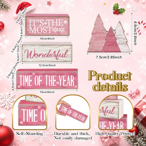 Moucuny 4 Pcs Christmas Table Decoration Wooden Pink Wooden Christmas Tree - style: It’s the Most Wonderful Time of the Year