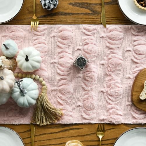 Artoid Mode Pink Soft Faux Fur Pumpkins Fall Table Runner 13x72 Inch - color: Pink, size: 13" x 72", Table Runner