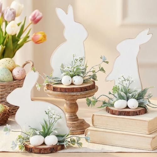 AceOrbit 3 Pcs Spring Wooden Bunny Table Decor, Rustic Rabbit Centerpieces