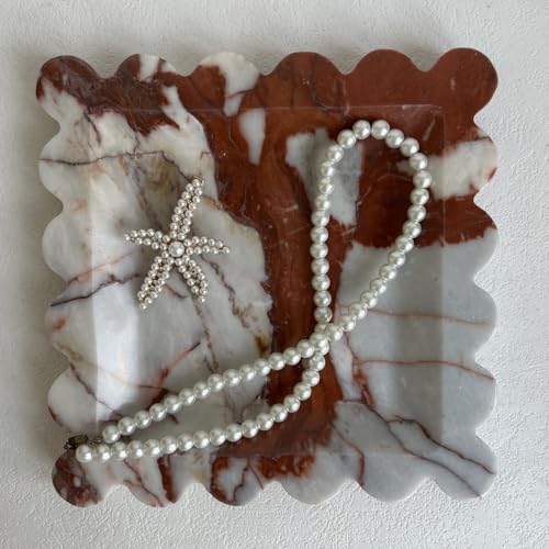 Vintage Natural Marble Tray Small Ornaments Scalloped Tray Handmade Storage Dish for Counter, Vanity, Dresser, Nightstand and Desk (Calacatta Red) - color: Calacatta Red