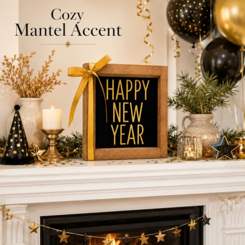 Happy New Year Sign Wall Table Tiered Tray Shelf Home Decor - color: black and gold