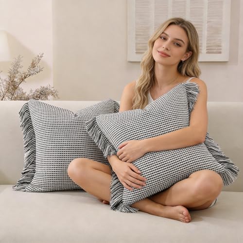 Boho Throw Pillow Covers 20x20 Set of 2 Soft Cotton Striped Fringe Pillow Cover Farmhouse Cushion Covers with Elegant Handmade Tassel Decorative Square Pillowcase for Couch Sofa Bed, Black - color: Black, size: 20" x 20" (Pack of 2)