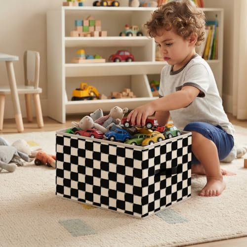 Black and White Checkered Storage Basket Organizer - color: Black and White