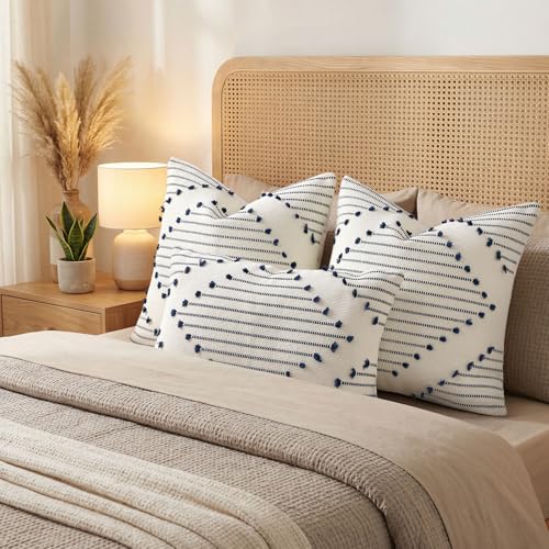 Mecatny Boho Outdoor Throw Pillow Covers 22x22 Set of 2 Navy & Cream White - color: Navy Blue, size: 22" x 22" (Pack of 2)