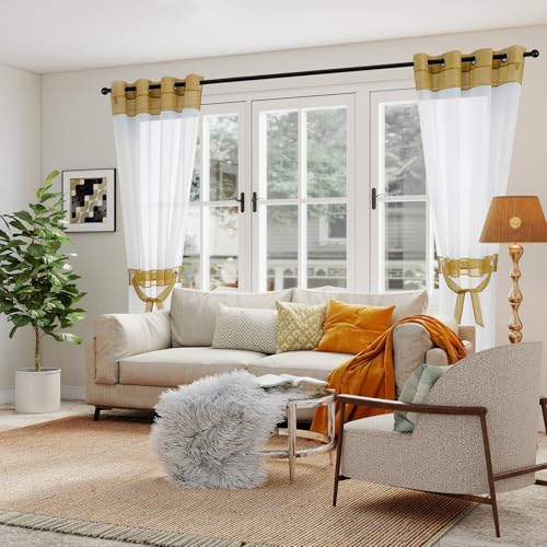 L.Z.E White and Gold Sheer Curtains 84 Inches Long 2 Panels Set for Living Room Dining Room, White Sheer Curtains with Design, Elegant Grommet Transparent Voile Window Curtain Panels - color: Gold, size: 56"W x 84"L (Pack of 2)