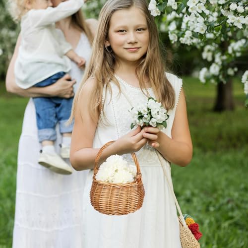 MAGICLULU Wicker Flower Basket with Handle Small Willow Woven Wedding Girl Basket for Candy Picnic Petals Rattan Storage Bin for Home Garden Decor, 8.66 x 6.10In, Light Brown
