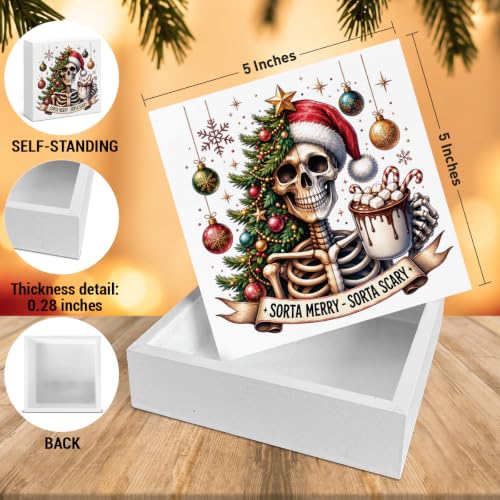 Christmas Decorations, Skeleton Santa Xmas Wooden Sign Decor 5x5 Inch - color: Tub-4