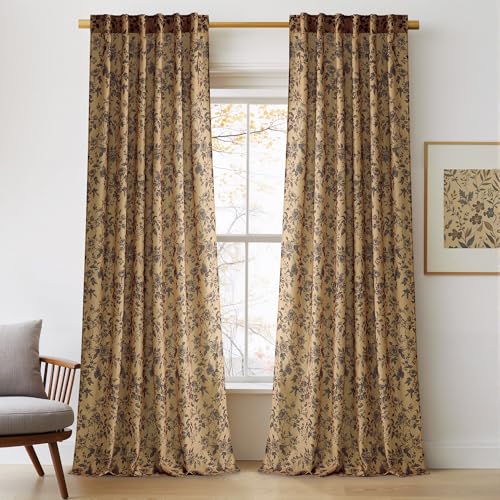 NICETOWN Linen Blend Semi-Sheer Curtains with Ink Peony Print on Earth Brown, Back Tab & Rod Pocket Window Treatments for Living Room, Farmhouse, Autumn Botanical Floral Drapes, W52 x L90 In, 2 Panels - color: Terracotta Ink, size: 52"W x 90"L (Pack of 2)