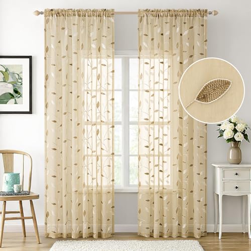 MIULEE Beige Sheer Curtains 2 Panels Embroidered Leaf Patterned, W52 x L84 - color: Beige, size: 52"W x 84"L (Pack of 2)