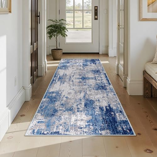 RELEANY Washable Runner 3'x7' Abstract Area Rug for Hallway Blue Gray - color: Blue/Gray, size: 3' x 7' (Runner)