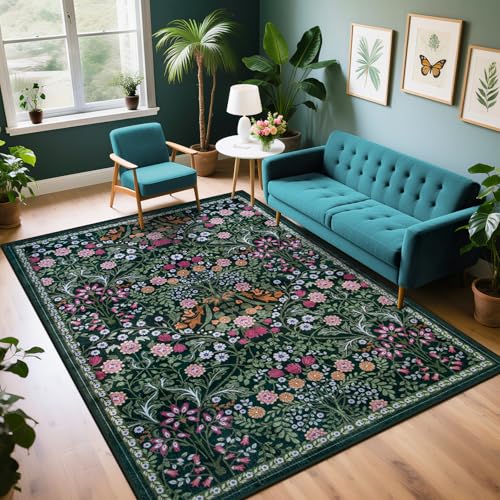 PLHXFR 6x9 Area Rug Living Room: Floral Washable Boho Carpet Dark Green - color: Dark Green, size: 6' x 9' (Rectangular)