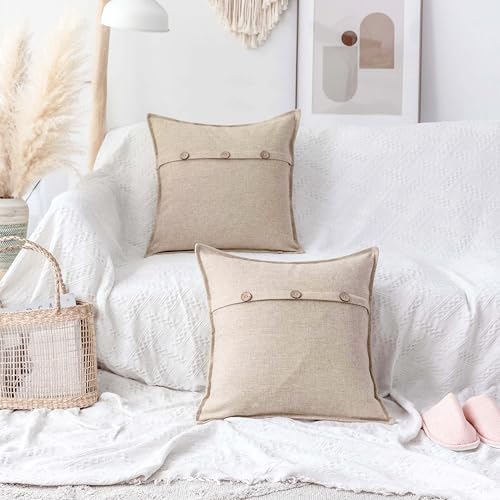 Home Brilliant Decorative Pillow Covers Textured Burlap Button Pillowcases Farmhouse Holiday Lined Linen Cushion Covers for Couch Living Room, Set of 2, 18x18 inches, Light Linen - color: Light Linen, size: 18" x 18" (Pack of 2)