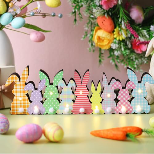 Yousoontic Easter Decorations, Bunny Easter Decor for Table with LED Lights Wood Bunny Table Centerpieces with Plush Tail 3D Block Rabbit Sign Farmhouse Decor for Spring Home Mantel Desk Office Party - style: Bunny