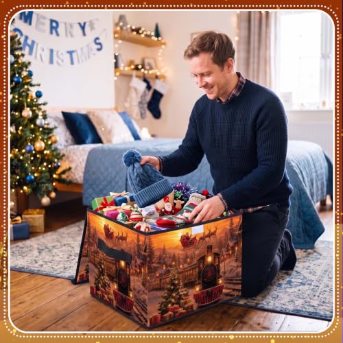Briwooody Christmas Storage Bin with Lid and Carrying Handle Christmas Train Foldable Storage Box Large Xmas Snowy Night Decorative Collapsible Container Basket for Organizing Closet Home Bedroom - style: Christmas Train